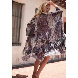 Free People Floral Patchwork Ruffle Hem Kimono Open Front Boho Cardigan one size